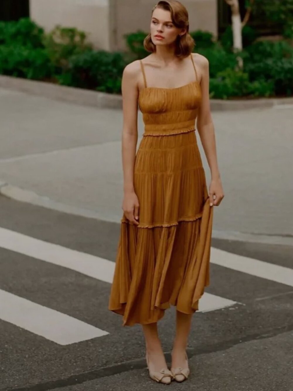 Anthropologie Ruched Gold Satin Tiered Midi Dress Size 4 NWT